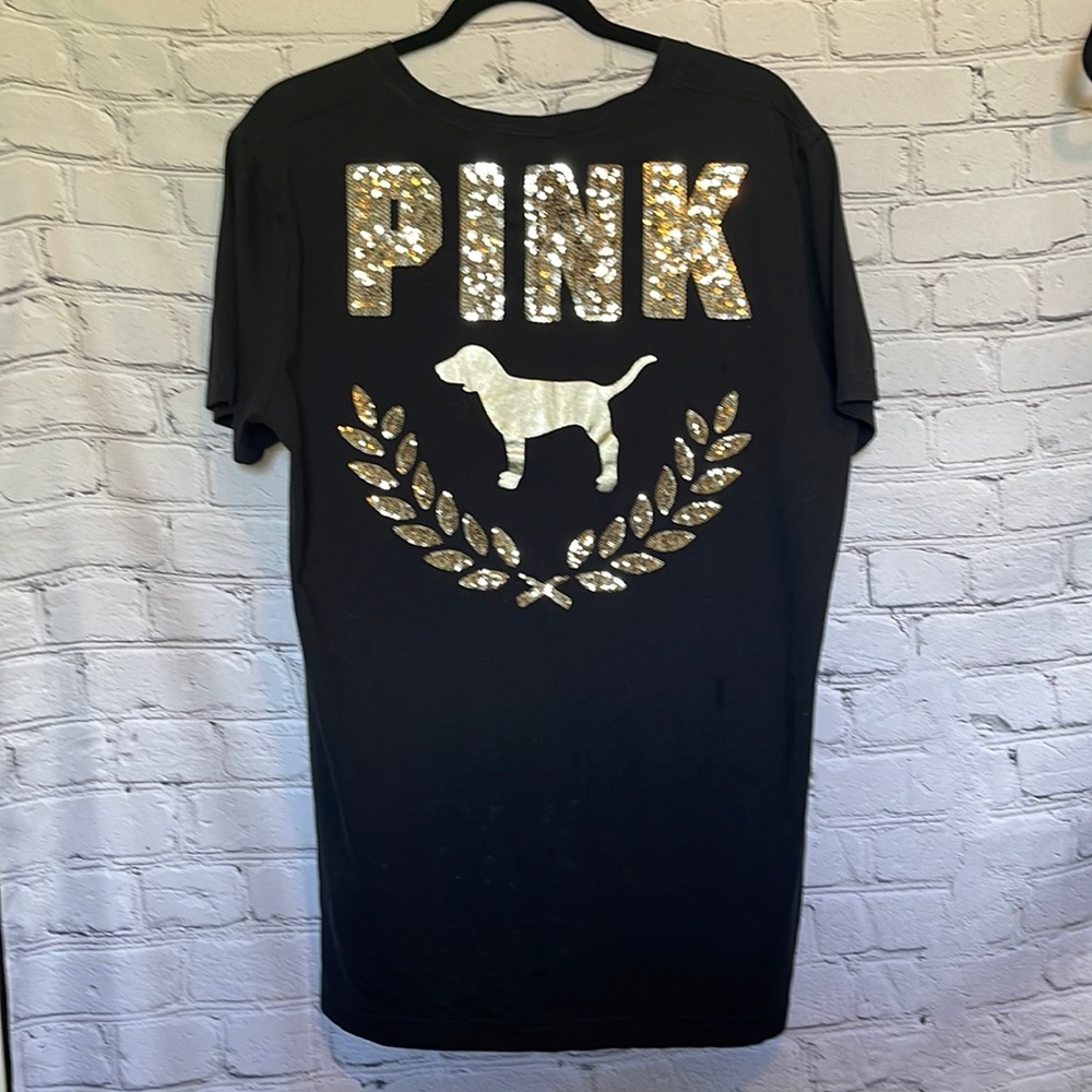 Victoria’s Secret Pink Black Gold Crew Neck Large T-shirt with Bling Dog Logo